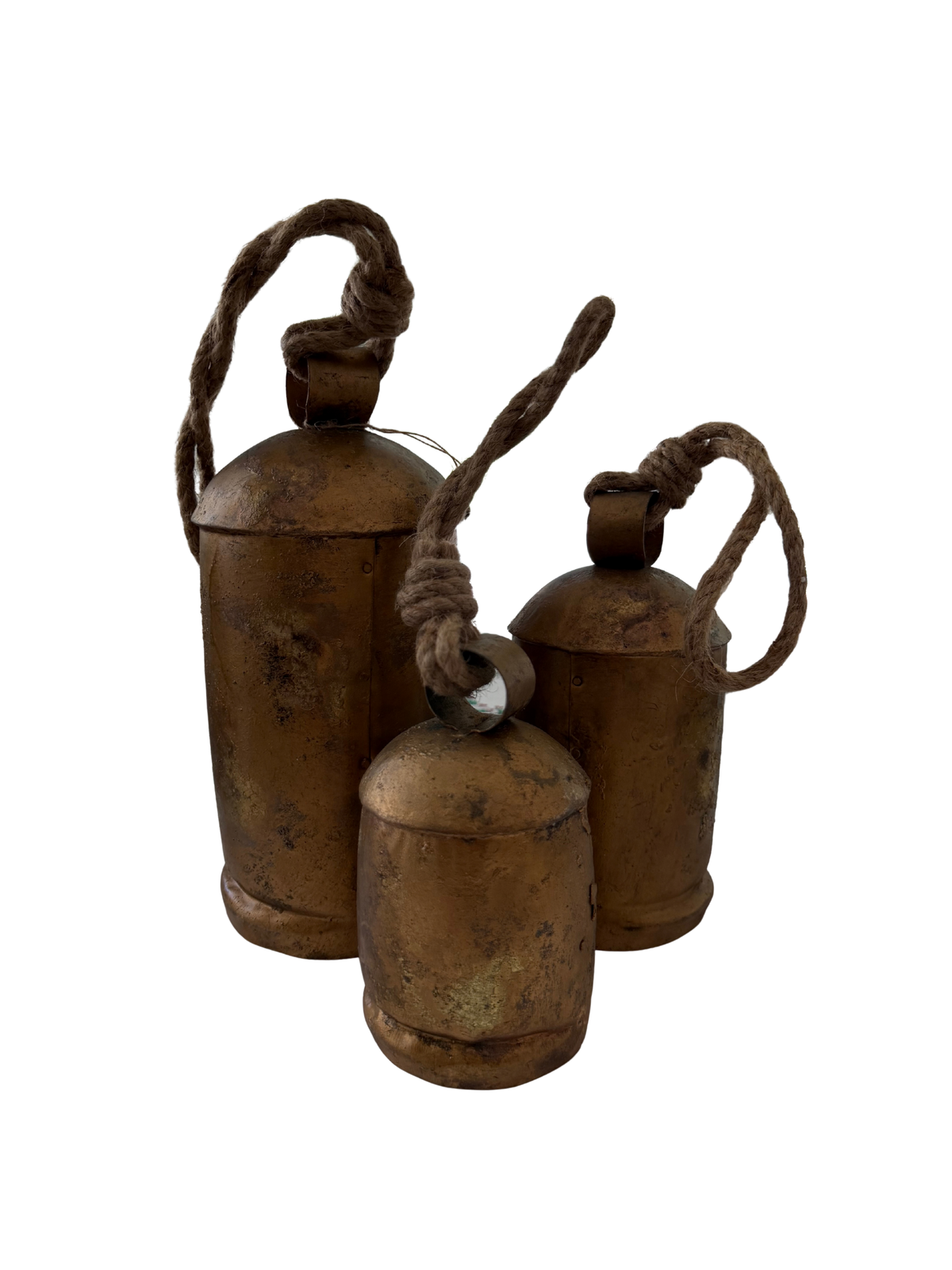 Set of 3 brass tone bells with jute ties