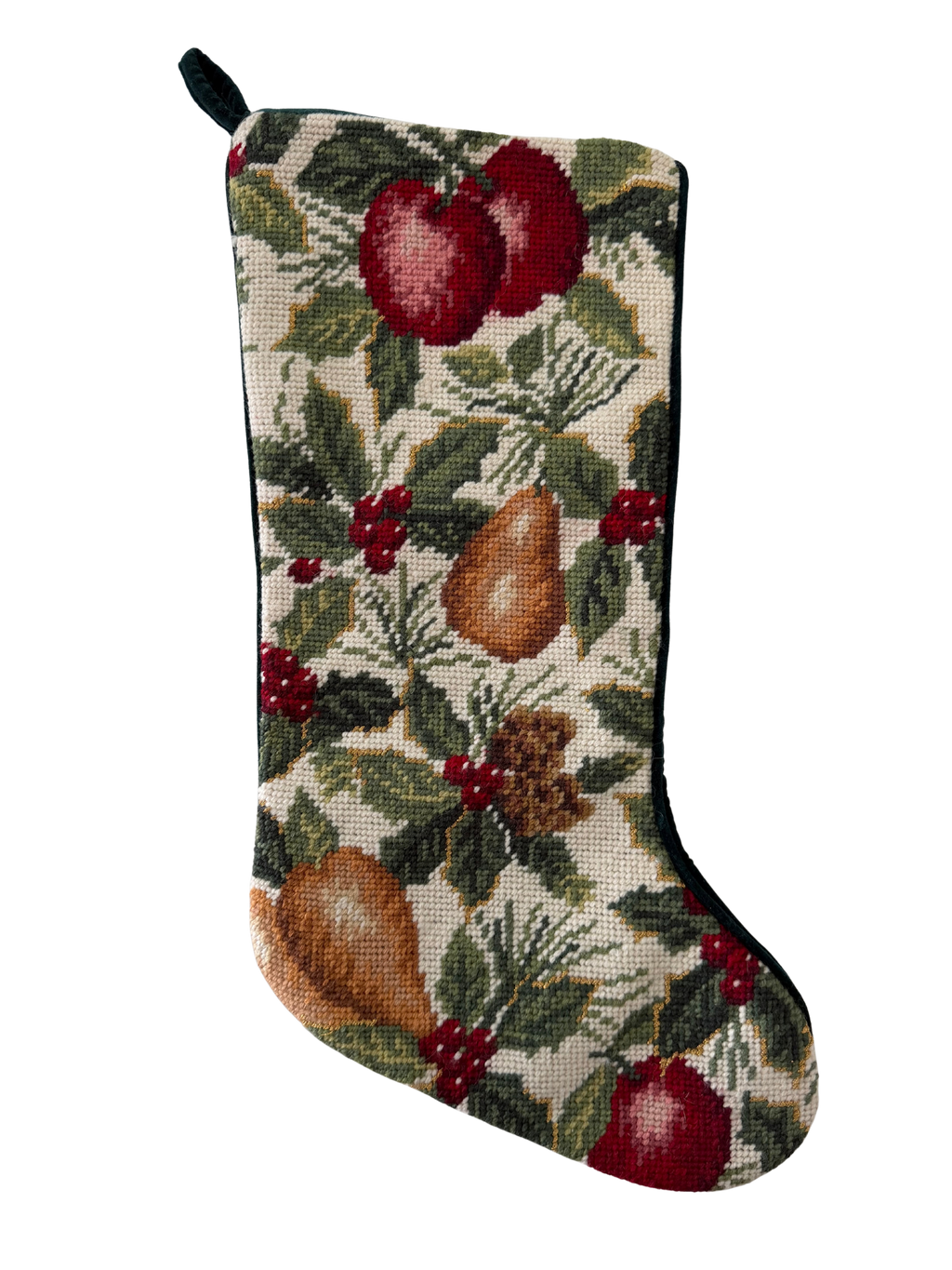 Vintage Needlepoint Christmas Stocking Fruit Motif