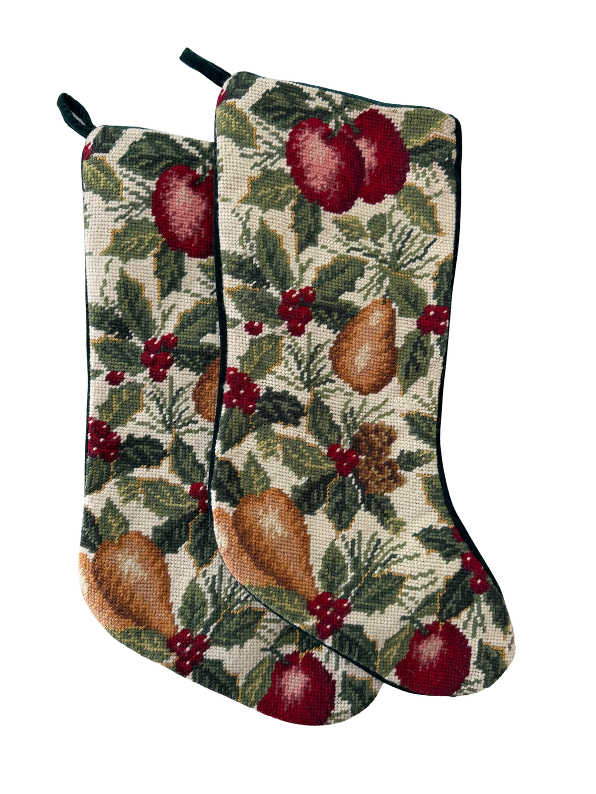 Vintage Needlepoint Christmas Stocking Fruit Motif