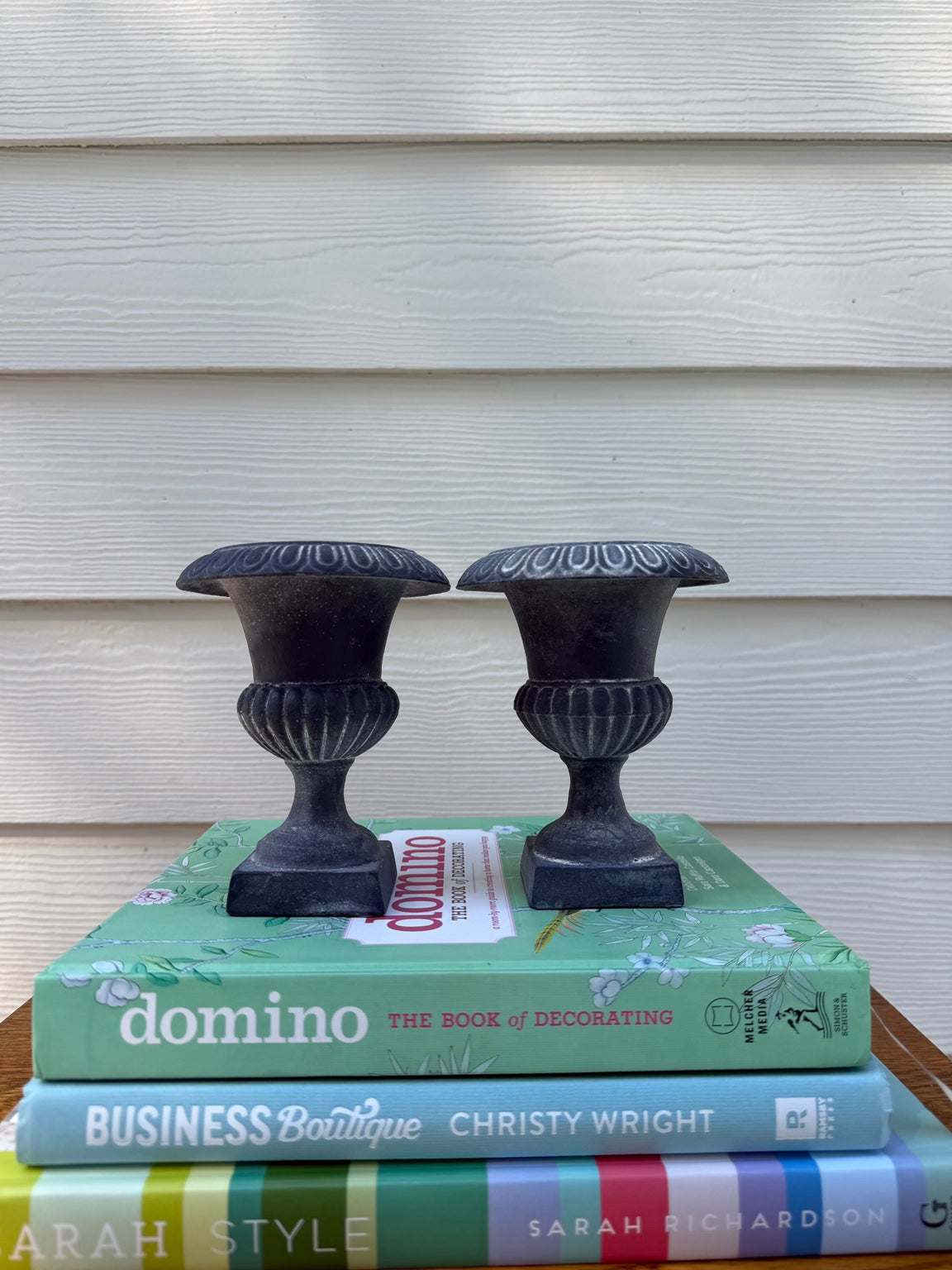 Pair of 5-inch charcoal cast iron decorative urns