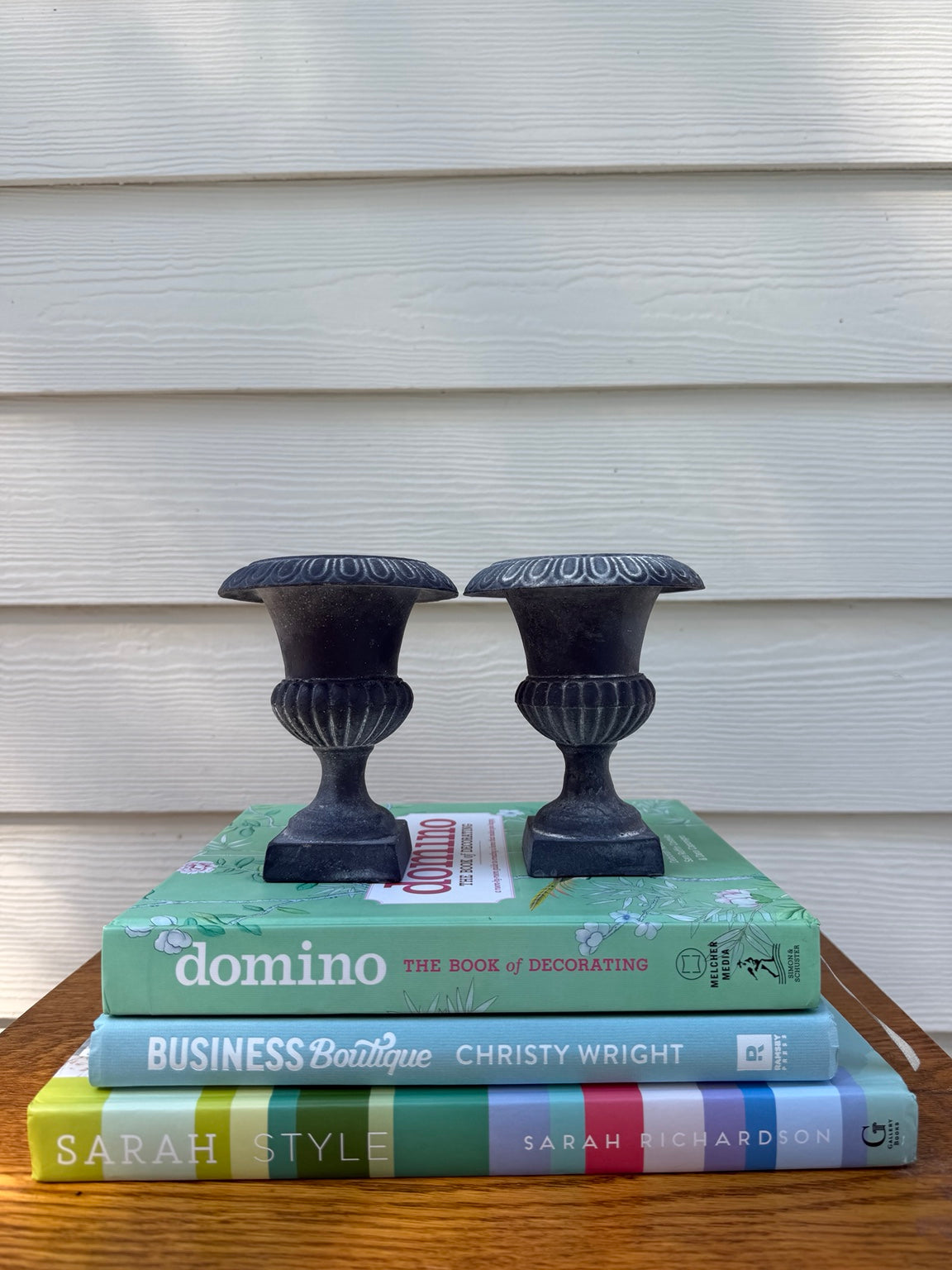 Pair of 5-inch charcoal cast iron decorative urns