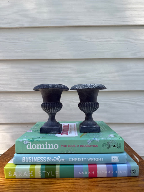 Pair of 5-inch charcoal cast iron decorative urns