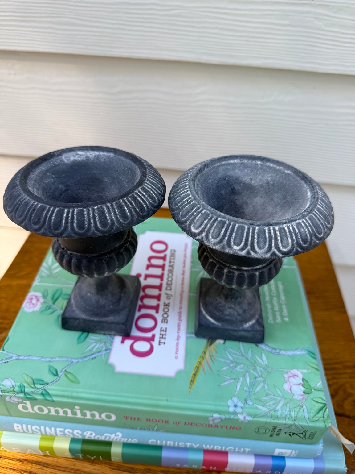 Pair of 5-inch charcoal cast iron decorative urns