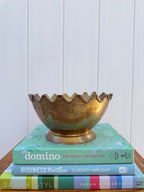 Vintage brass crown-rim pedestal bowl, front view