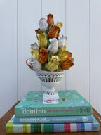 Ceramic tulip topiary in white pedestal urn, view 3