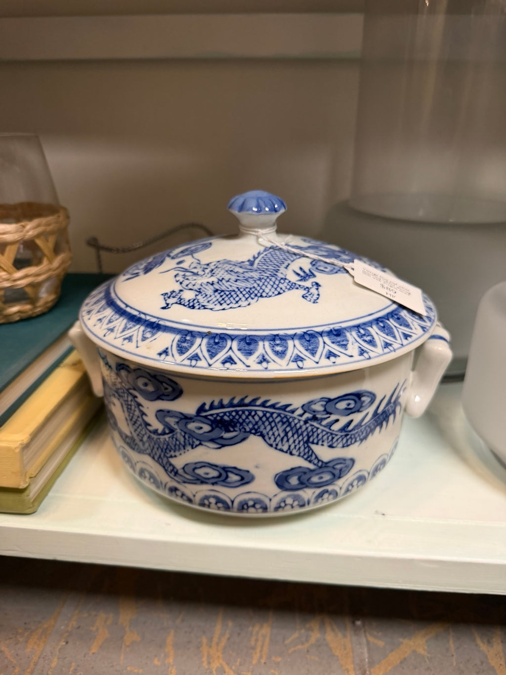 Vintage blue and white porcelain dragon serving dish with matching lid