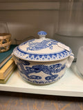 Vintage blue and white porcelain dragon serving dish with matching lid