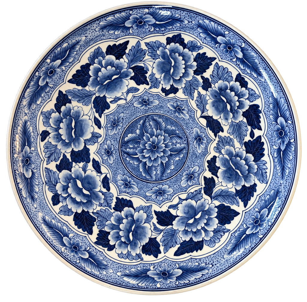 Blue and white floral decorative charger, 16.5 inches
