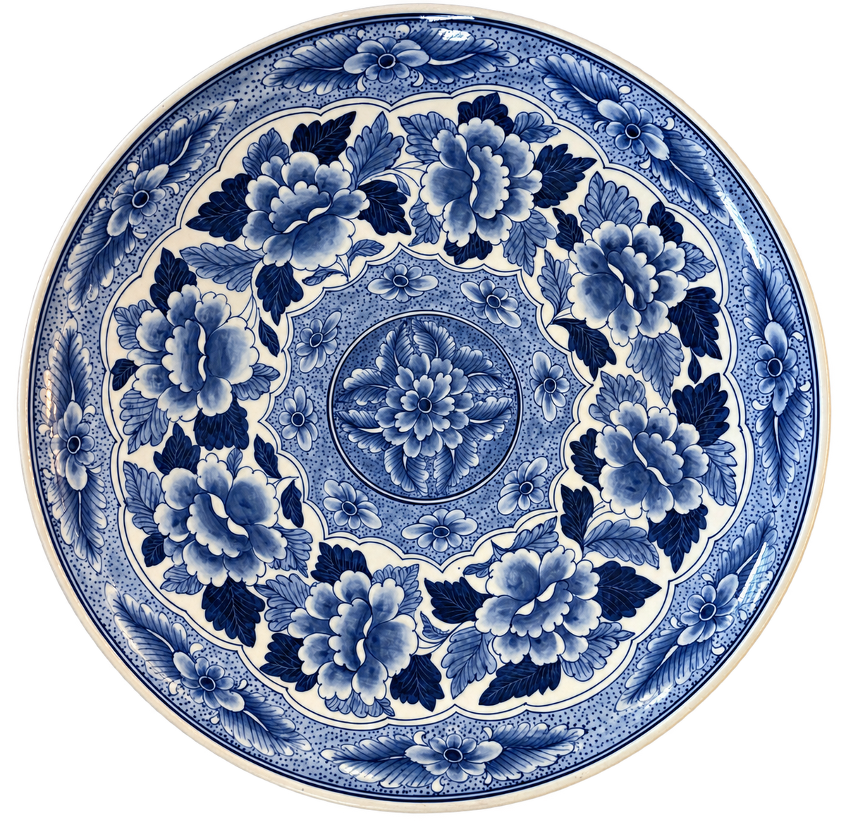 Blue and white floral decorative charger, 16.5 inches