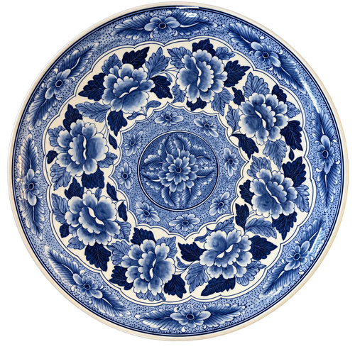 Blue and white floral decorative charger, 16.5 inches