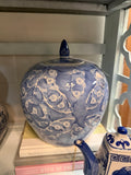 Blue and white floral ginger jar with pointed blue finial lid