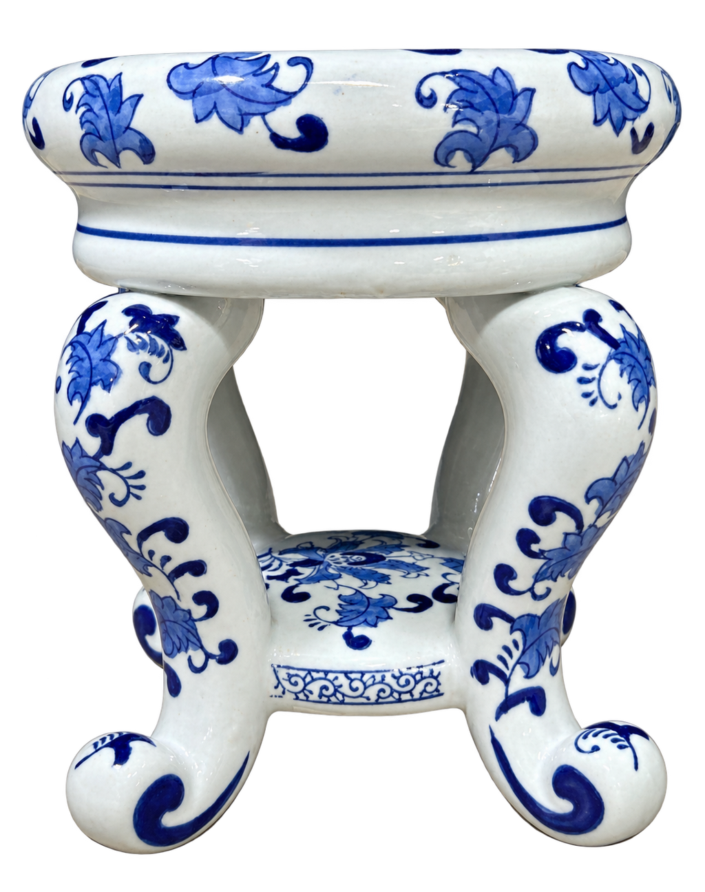 Blue and white floral ceramic stand, front view