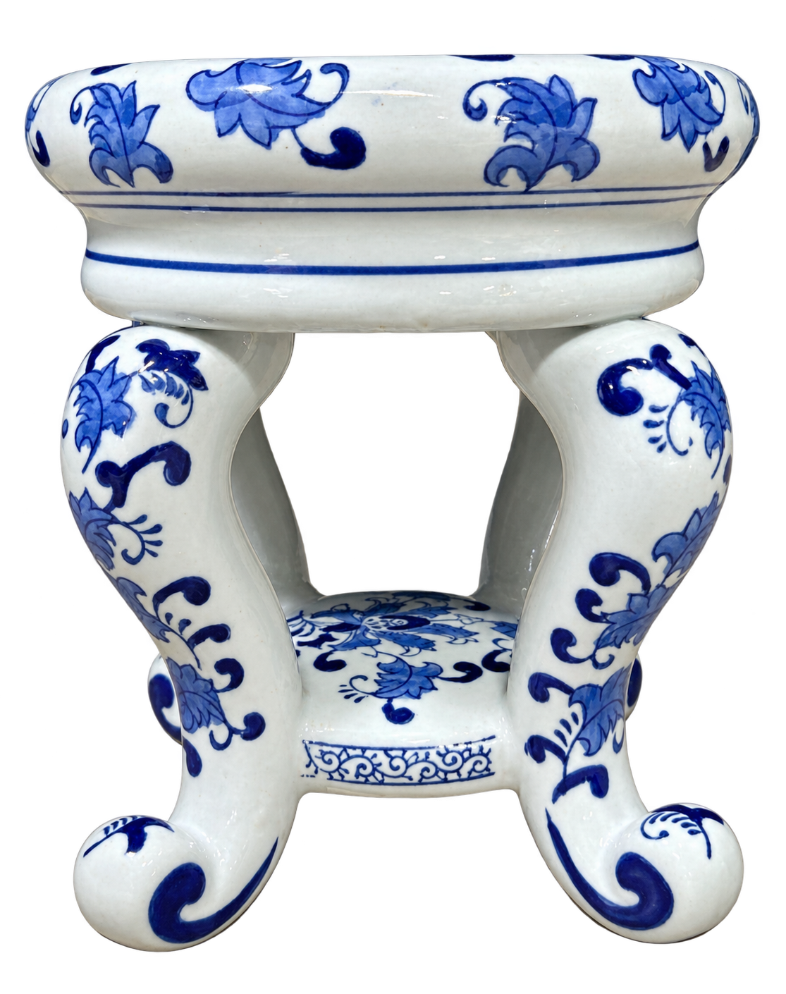 Blue and white floral ceramic stand, front view