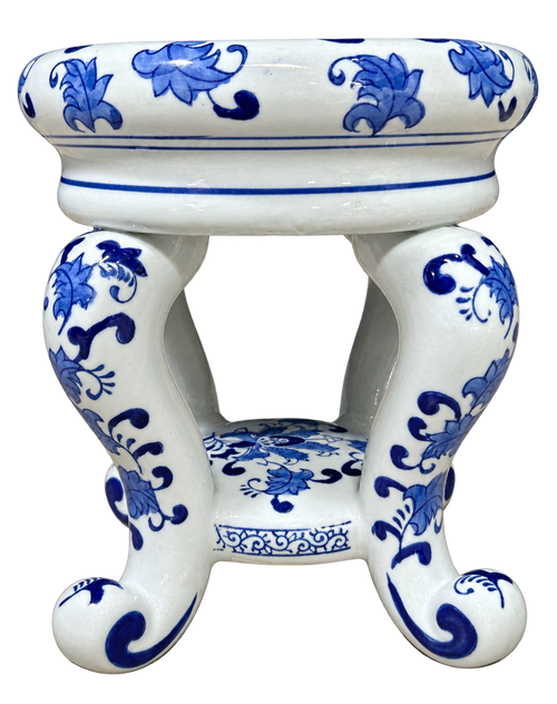 Blue and white floral ceramic stand, front view