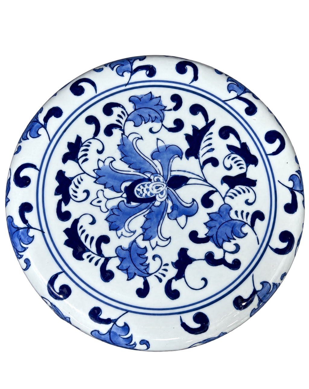 Blue and white floral ceramic stand, circular top detail