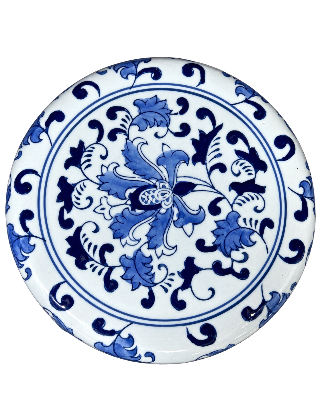 Blue and white floral ceramic stand, circular top detail