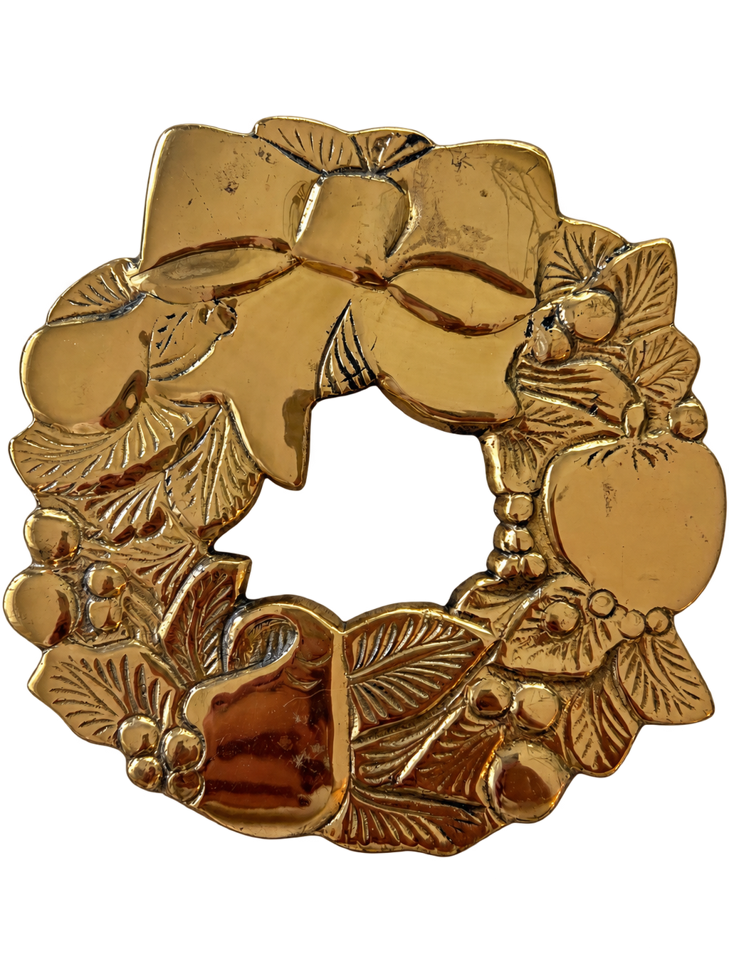 Brass Christmas wreath trivet with bow and foliage