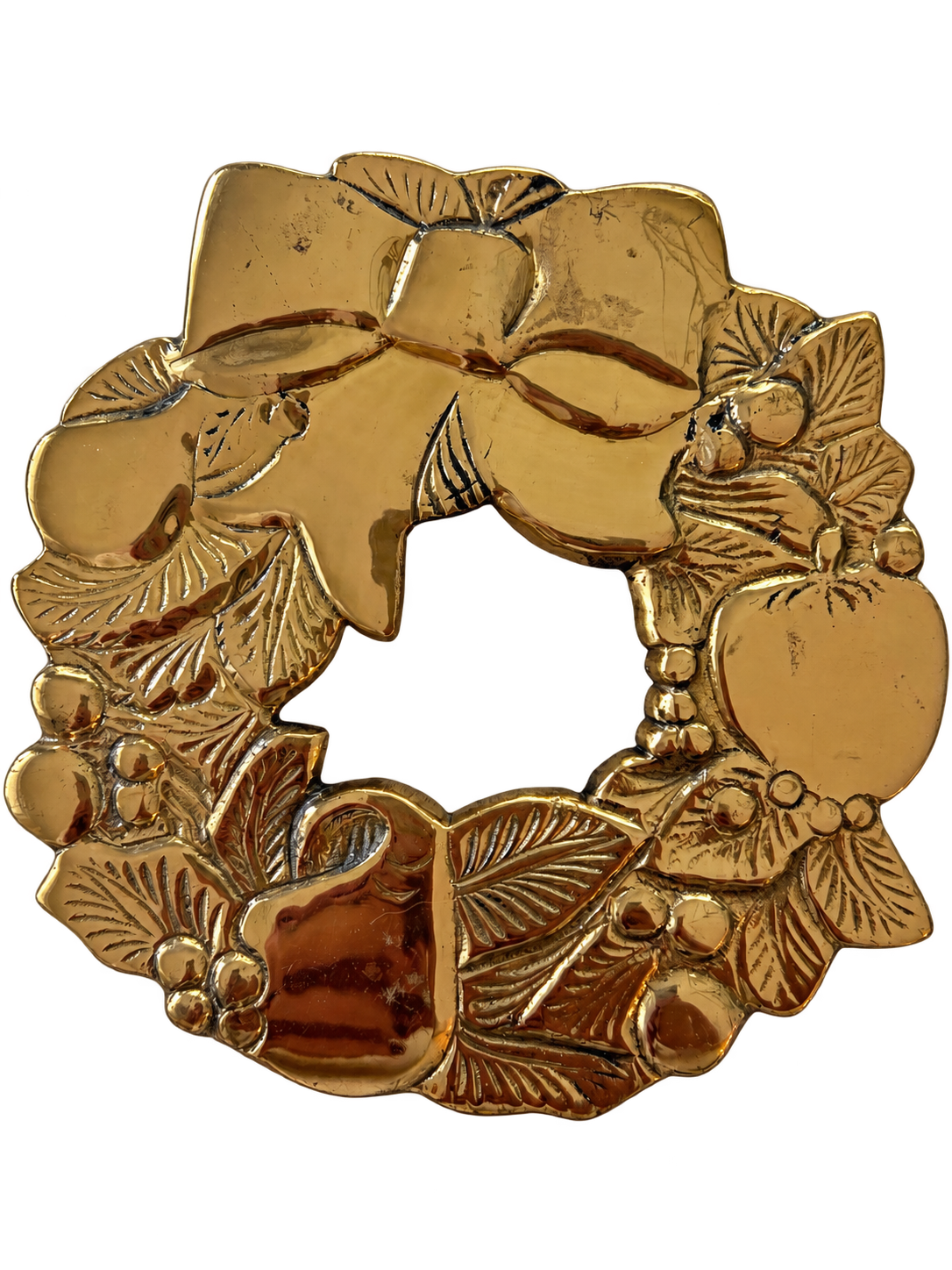 Brass Christmas wreath trivet with bow and foliage