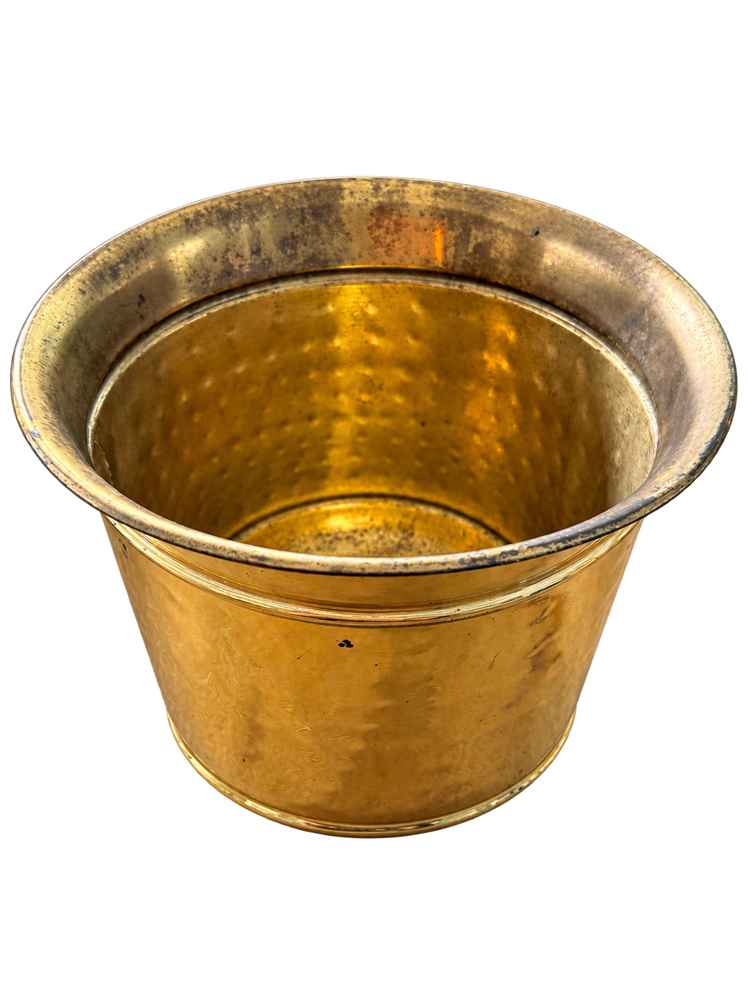 Brass-tone planter with aged patina, angle view