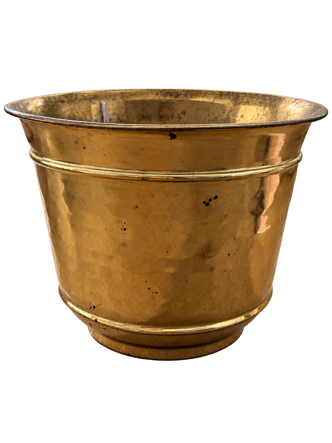 Brass-tone planter with aged patina, front view