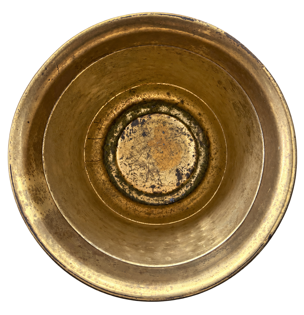 Brass-tone planter with aged patina, top view