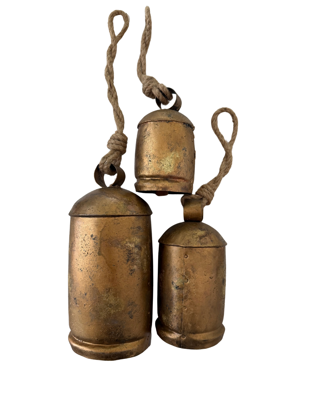 Set of 3 brass tone bells with jute ties