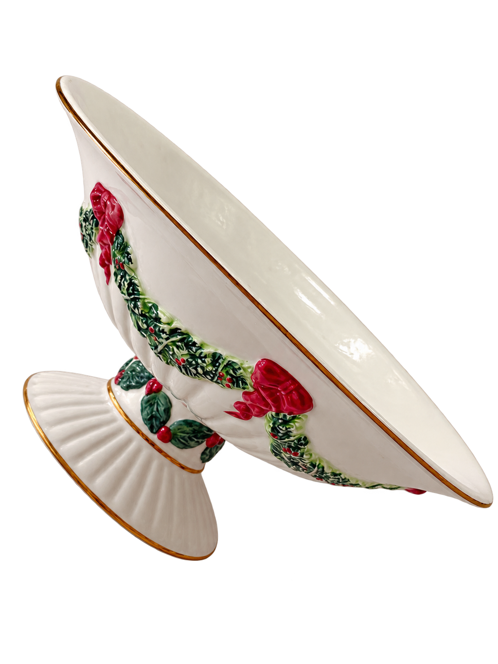 Angled view of Christmas ceramic pedestal bowl