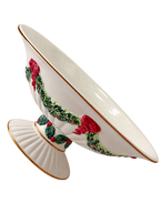 Angled view of Christmas ceramic pedestal bowl