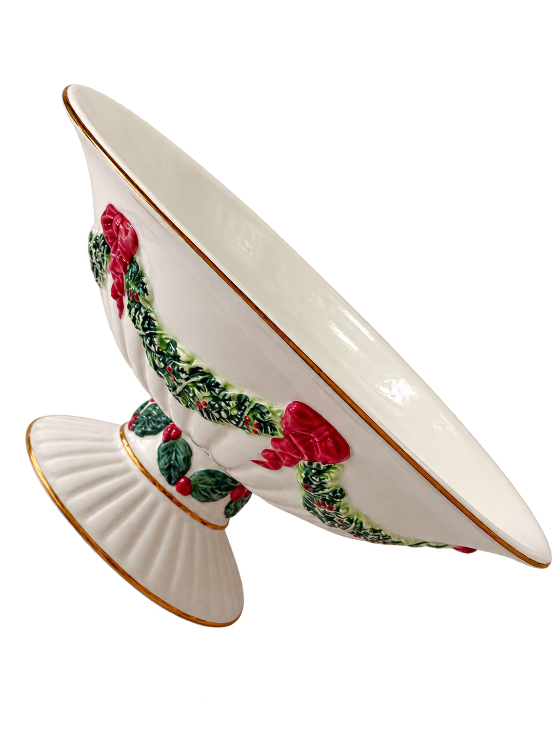 Angled view of Christmas ceramic pedestal bowl