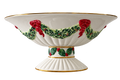 Christmas pedestal bowl with holly garland, red bows and gold trim, front view