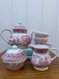 Churchill pink Willow tea set with teapot, covered sugar bowl, creamer, two cups and one saucer