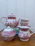 Churchill pink Willow tea set with teapot, covered sugar bowl, creamer, two cups and one saucer