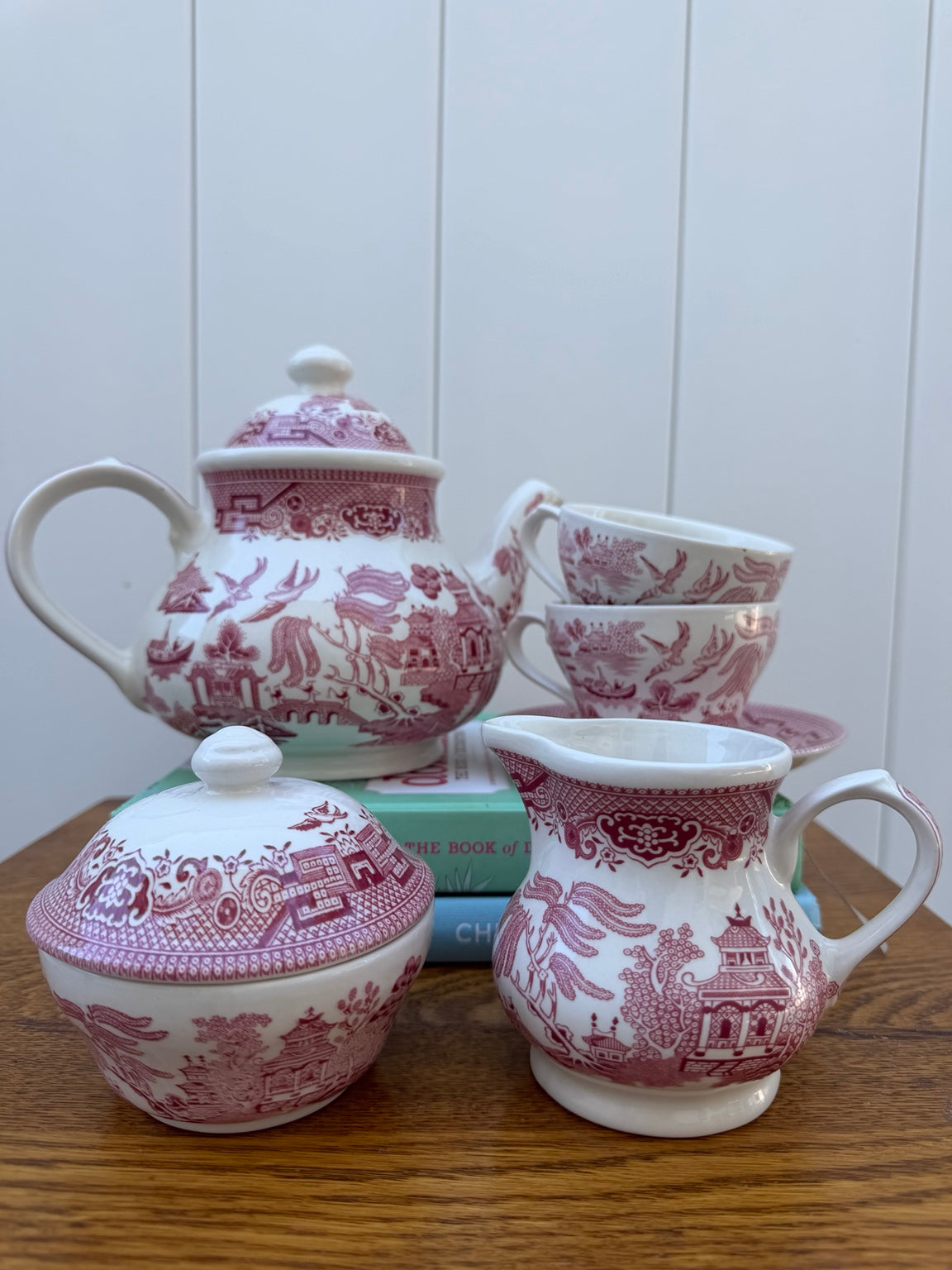 Churchill pink Willow tea set with teapot, covered sugar bowl, creamer, two cups and one saucer
