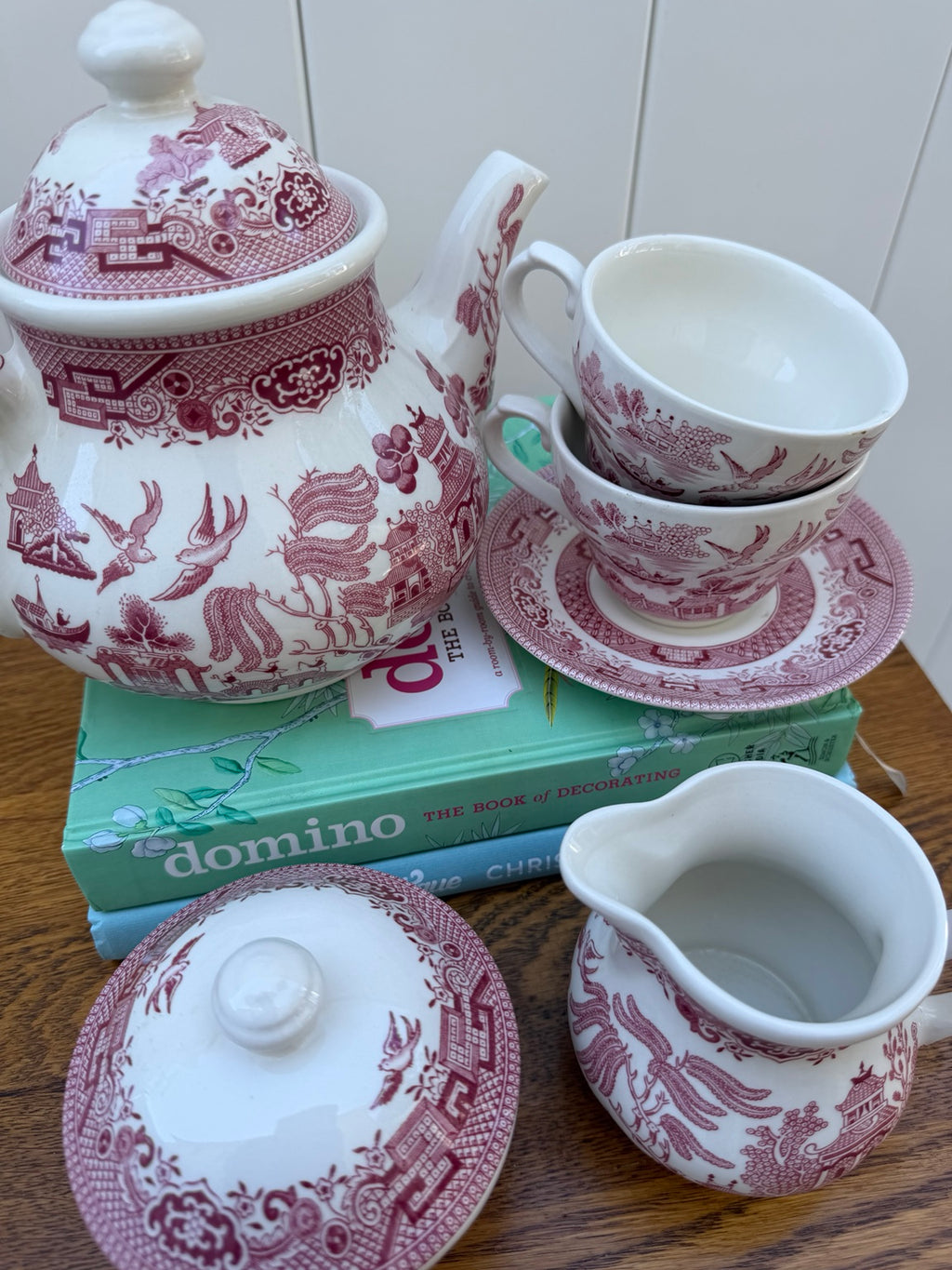 Overhead detail of the Churchill pink Willow tea set
