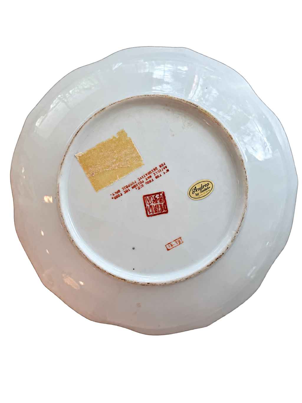 Plate underside showing Andrea by Sadek label and decorative-use-only marking