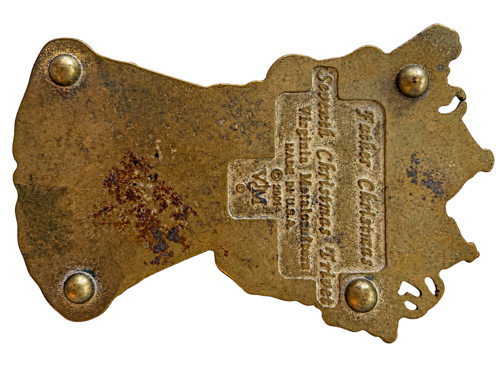 Reverse of Virginia Metalcrafters Father Christmas trivet with 2001 maker marking