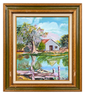 Barn and pond landscape artwork with moss-draped tree, boat and dock in a gold and olive frame