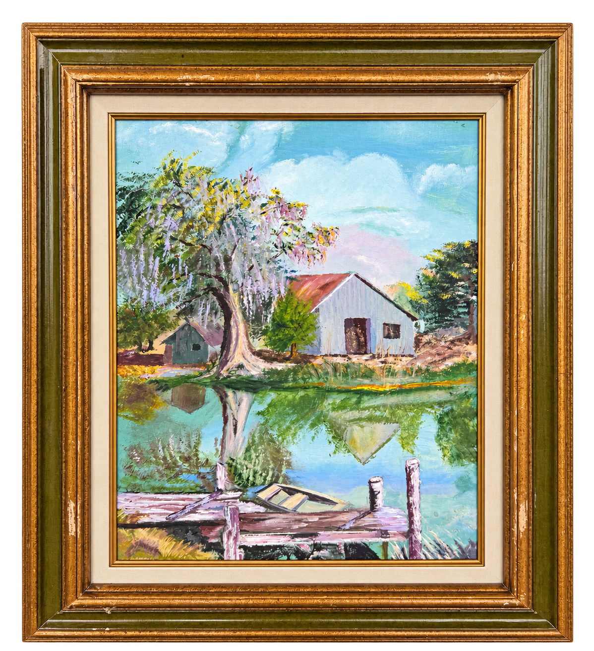Barn and pond landscape artwork with moss-draped tree, boat and dock in a gold and olive frame