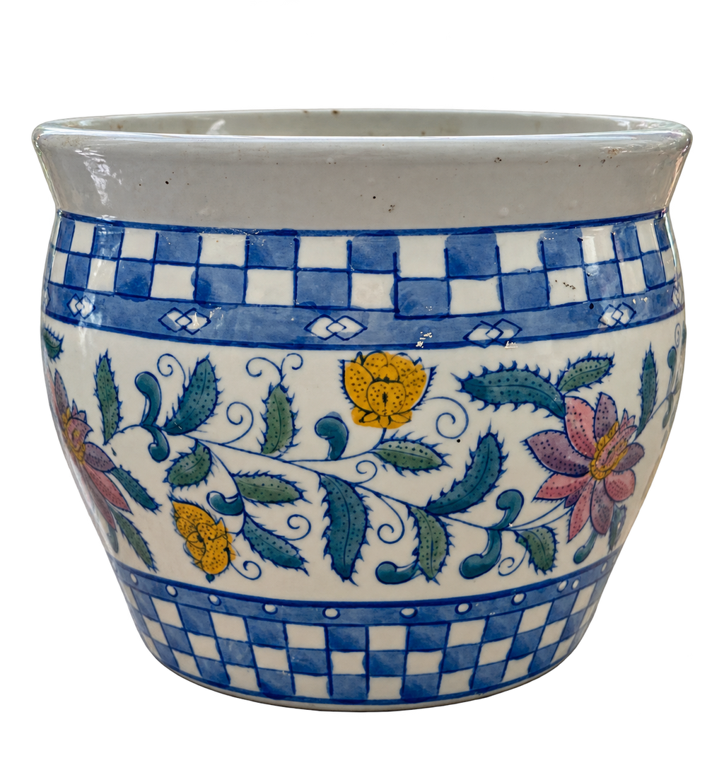 Blue Check & Floral Ceramic Cachepot – 8″