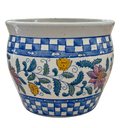 Blue Check & Floral Ceramic Cachepot – 8″