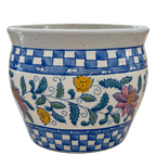 Blue Check & Floral Ceramic Cachepot – 8″