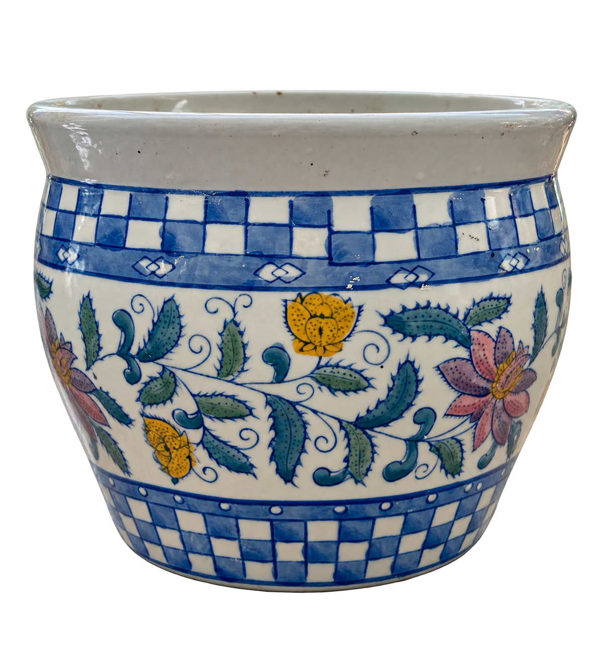 Blue Check & Floral Ceramic Cachepot – 8″