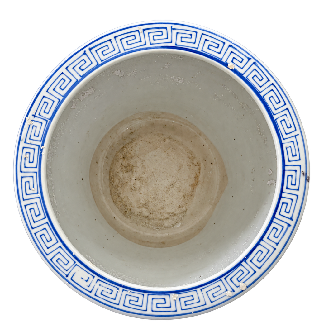 Blue Check & Floral Ceramic Cachepot – 8″