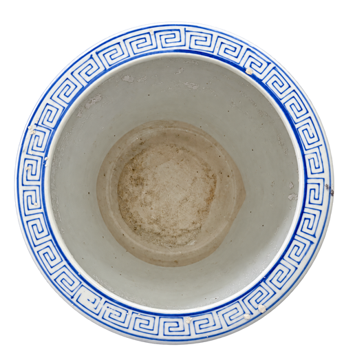 Blue Check & Floral Ceramic Cachepot – 8″