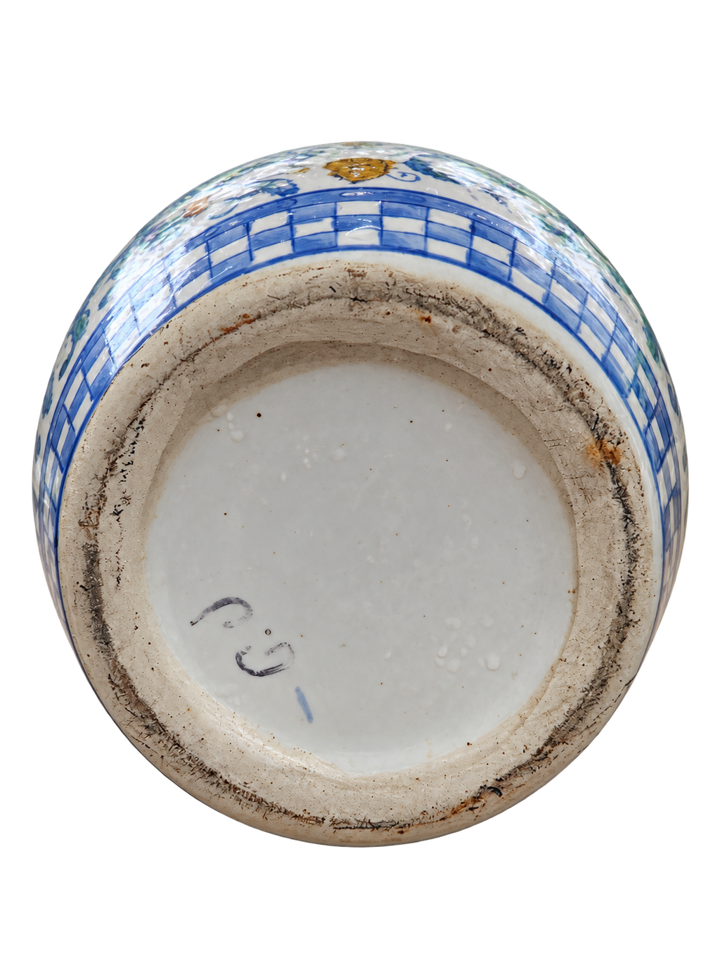 Blue Check & Floral Ceramic Cachepot – 8″