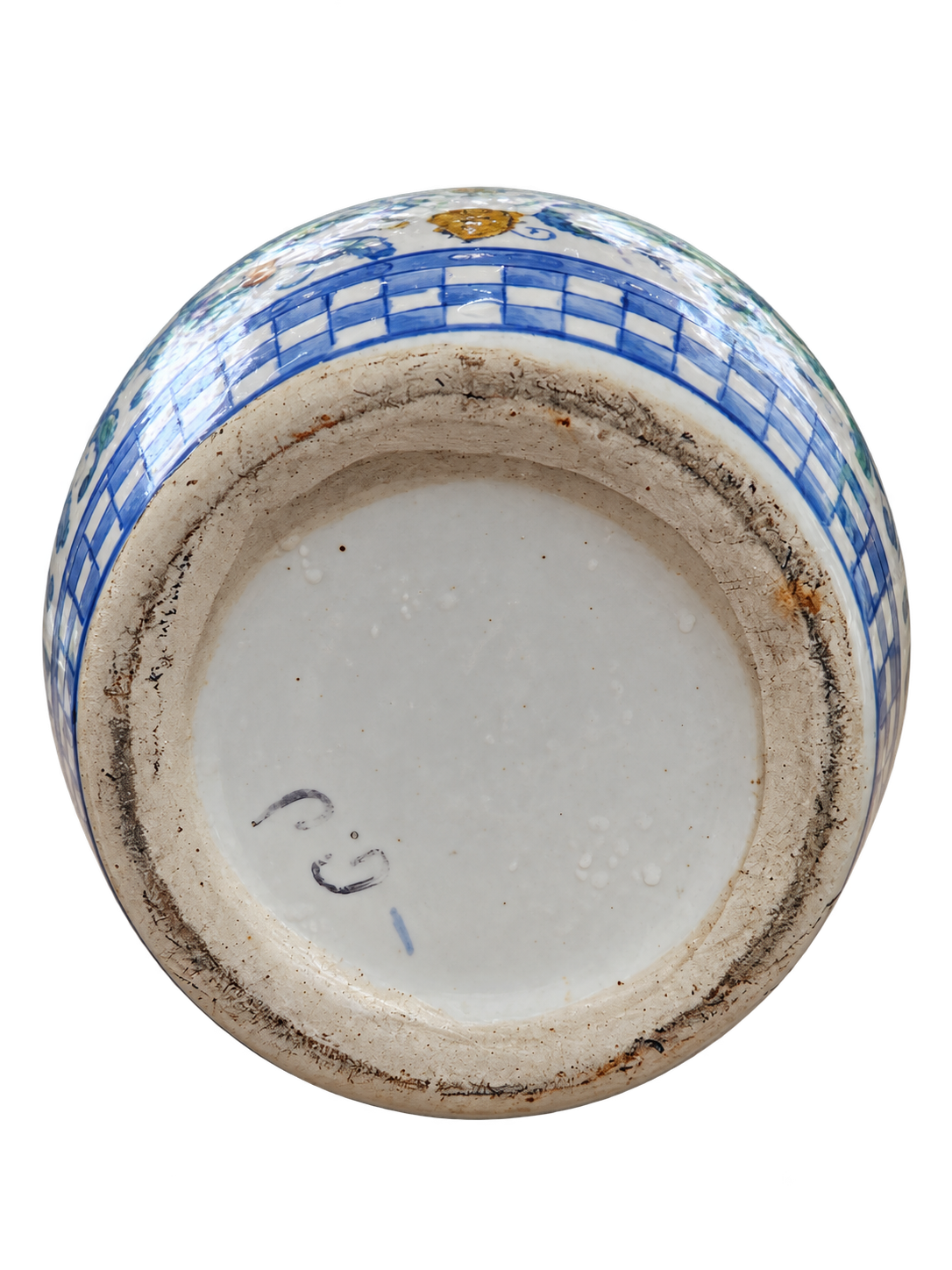 Blue Check & Floral Ceramic Cachepot – 8″