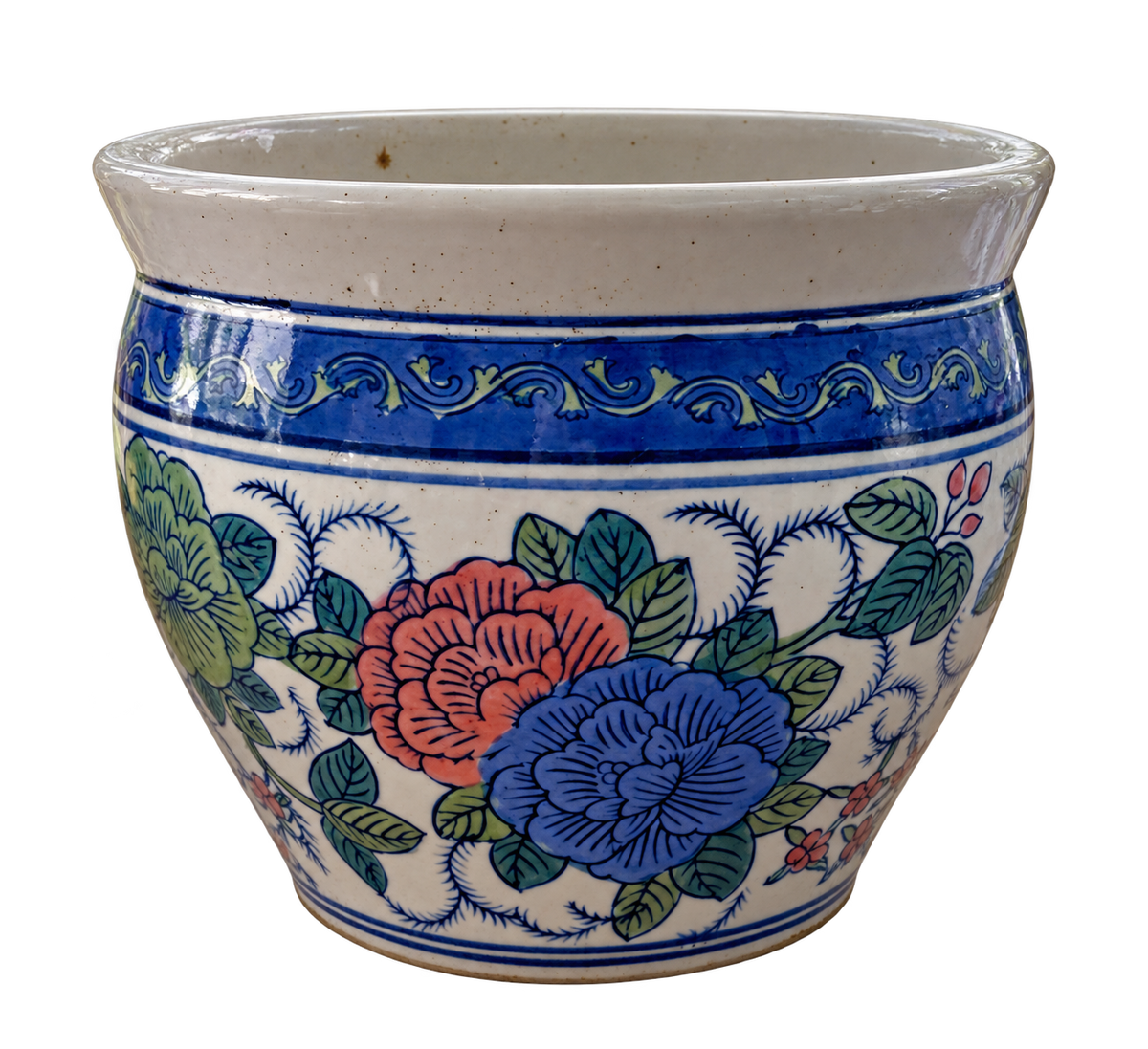 Colorful Floral Ceramic Cachepot with Blue Border – 8″