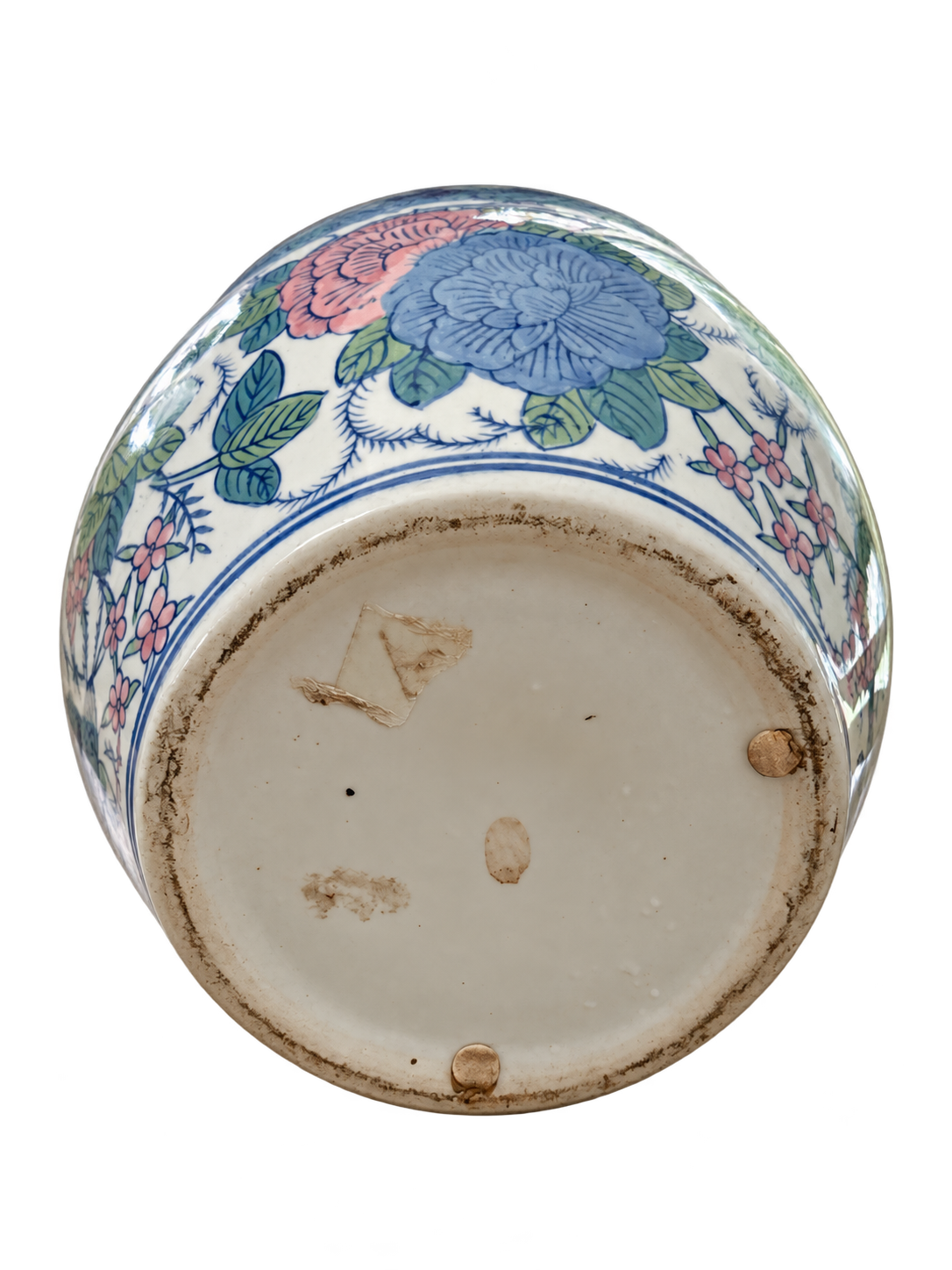 Colorful Floral Ceramic Cachepot with Blue Border – 8″