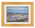 Gold-framed orchard landscape print with ivory and taupe double mat, 23.5 inches wide by 19 inches high