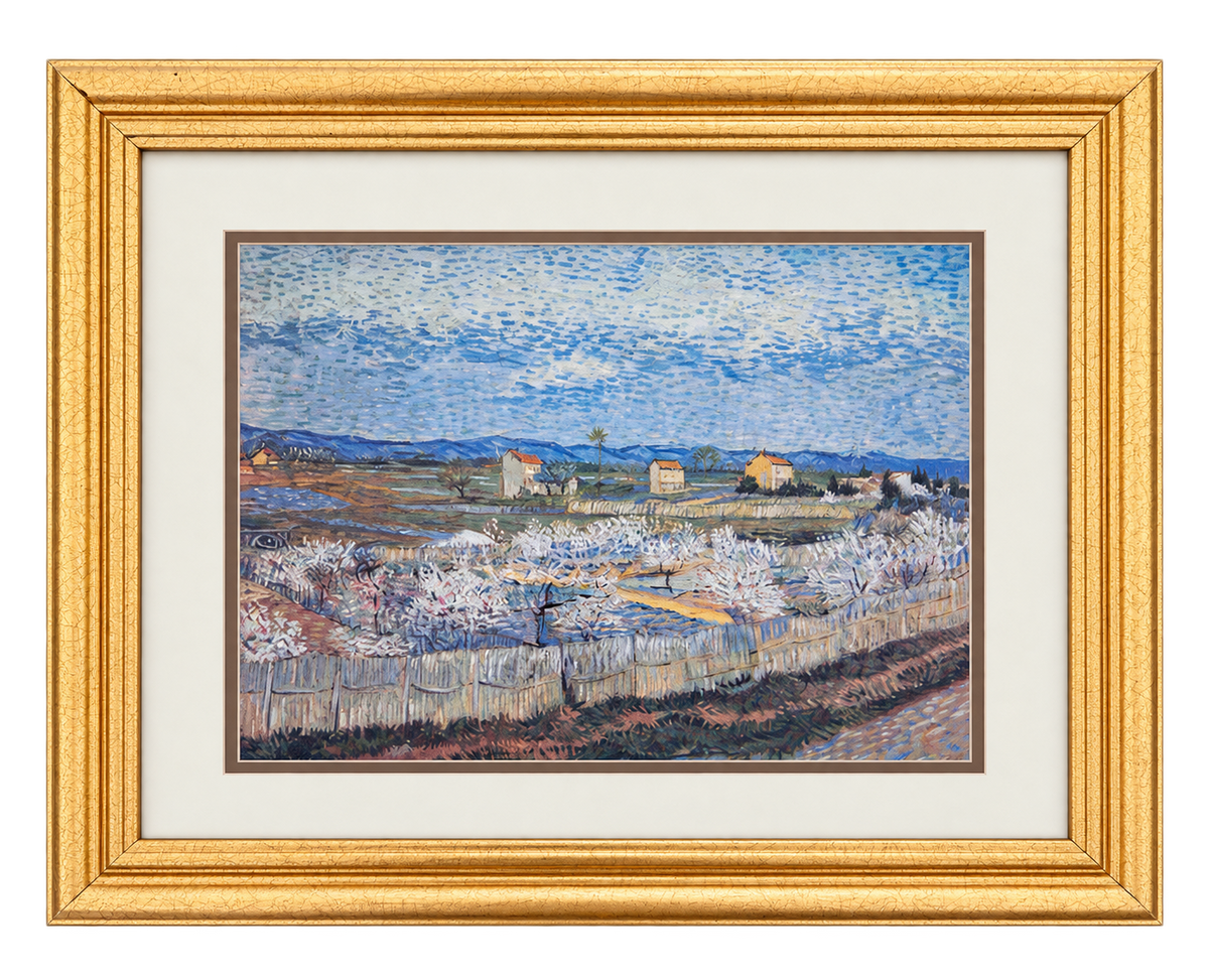 Gold-framed orchard landscape print with ivory and taupe double mat, 23.5 inches wide by 19 inches high